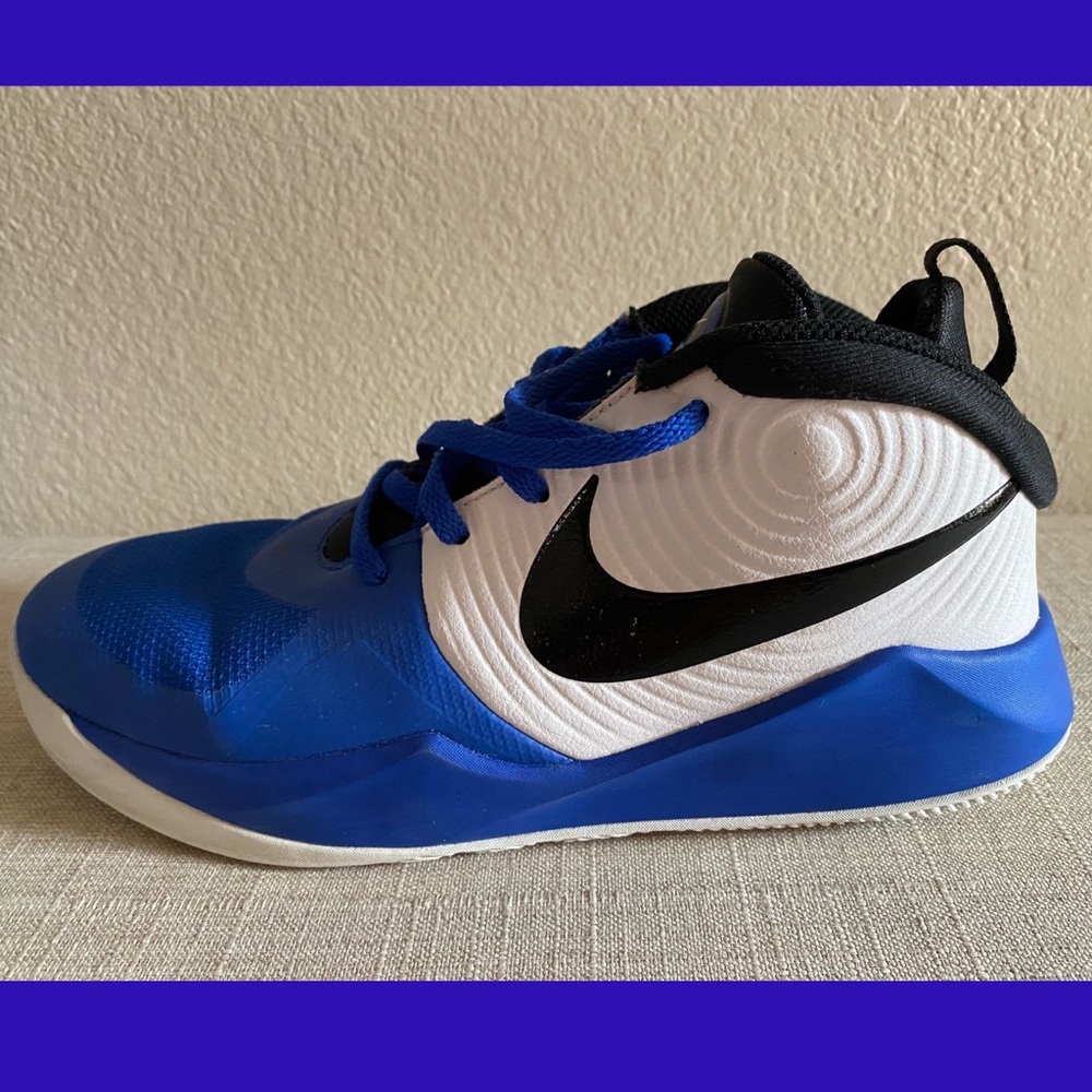 Nike Team Hustle high top shoes, Youth 6Y, blue, black and white